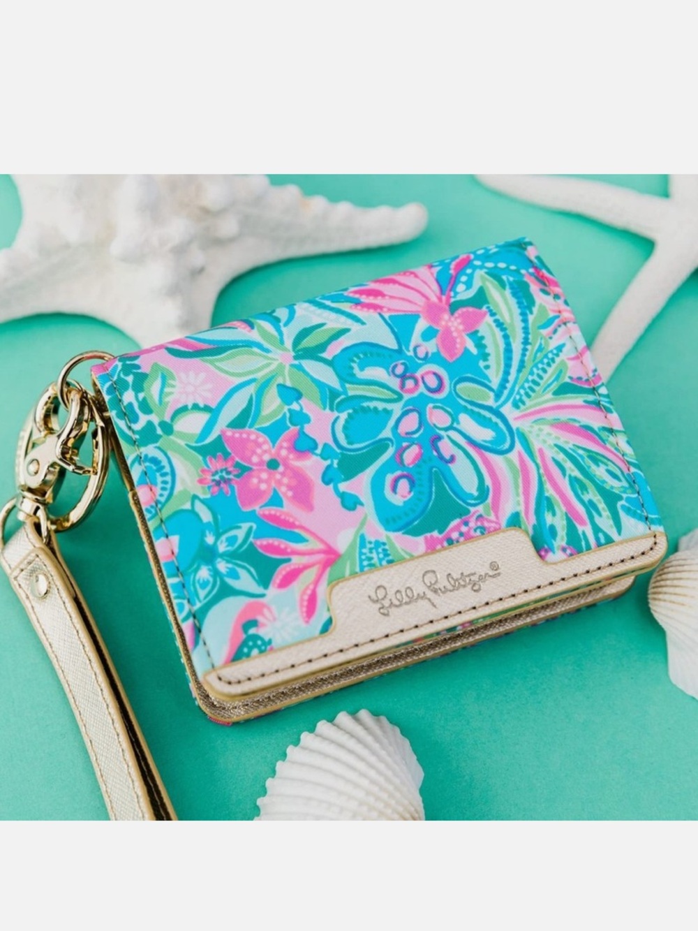 Lilly Pulitzer Floral Card Case with Gold Wristlet - Blue Pink Green